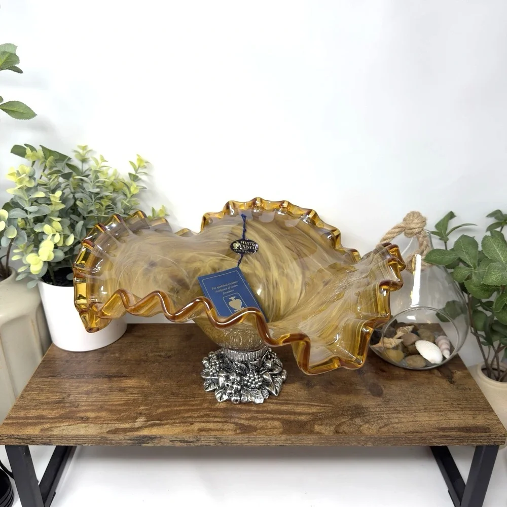 Murano Italy White Cristal Glass Bowl Tortoise Shell Table Centerpiece